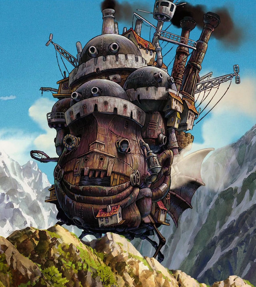 Studio Ghibli's Howl's Moving Castle on a mountain, iconic anime art.
