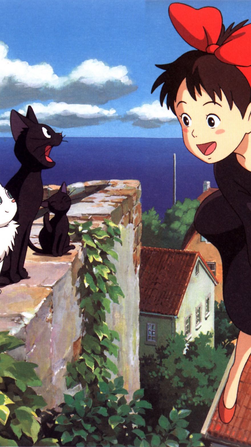 Studio Ghibli character with red bow on a rooftop with black cats and sea view in the background.