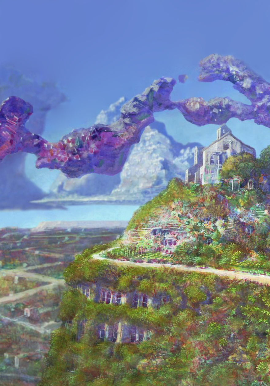 Scenic Studio Ghibli-inspired landscape with greenery-covered hill and distant mountains under a clear blue sky.