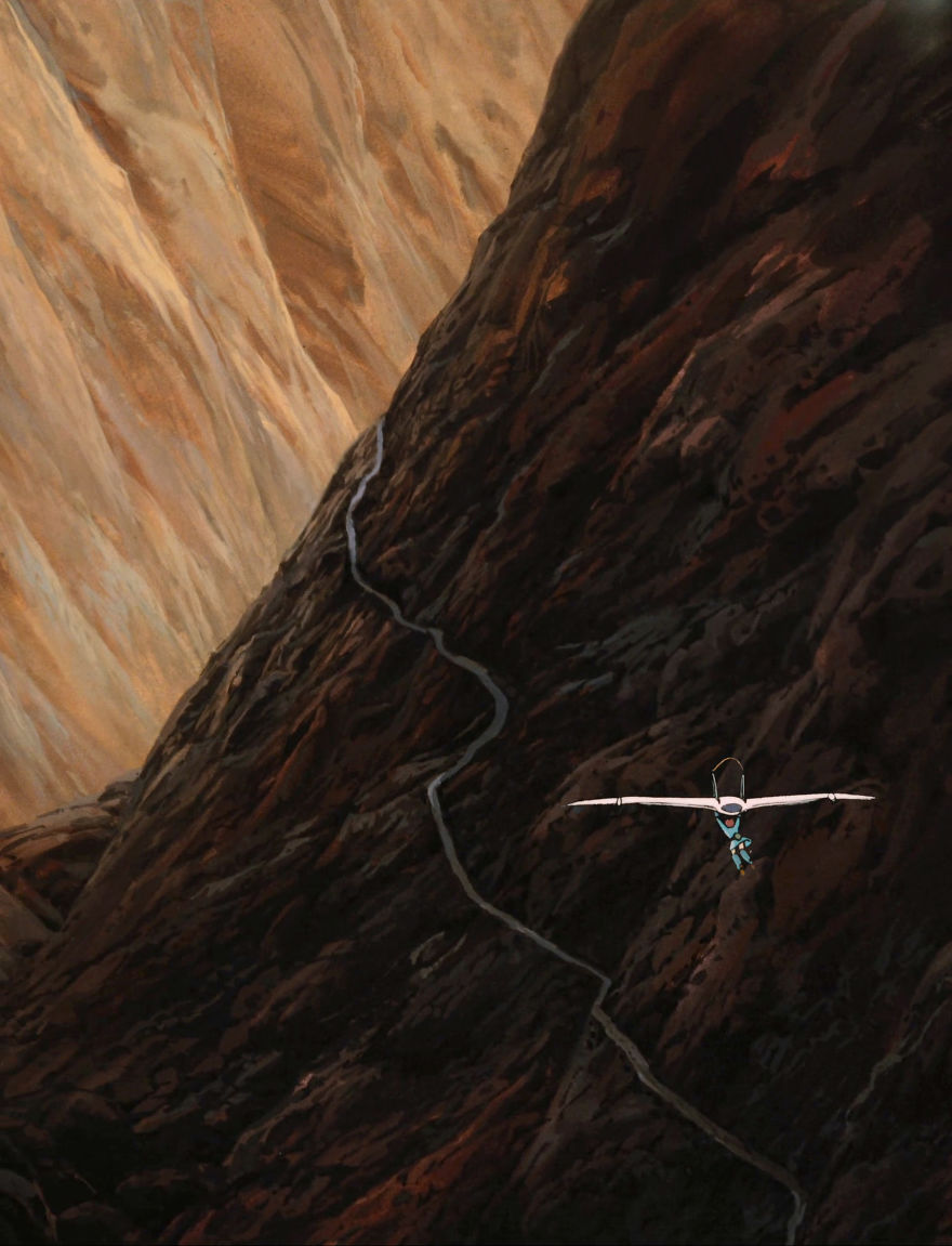 Studio Ghibli inspired wallpaper featuring a glider soaring over a dramatic canyon.