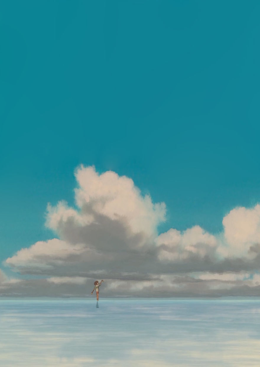 Studio Ghibli wallpaper featuring a person balancing on water under a vast cloudy sky.