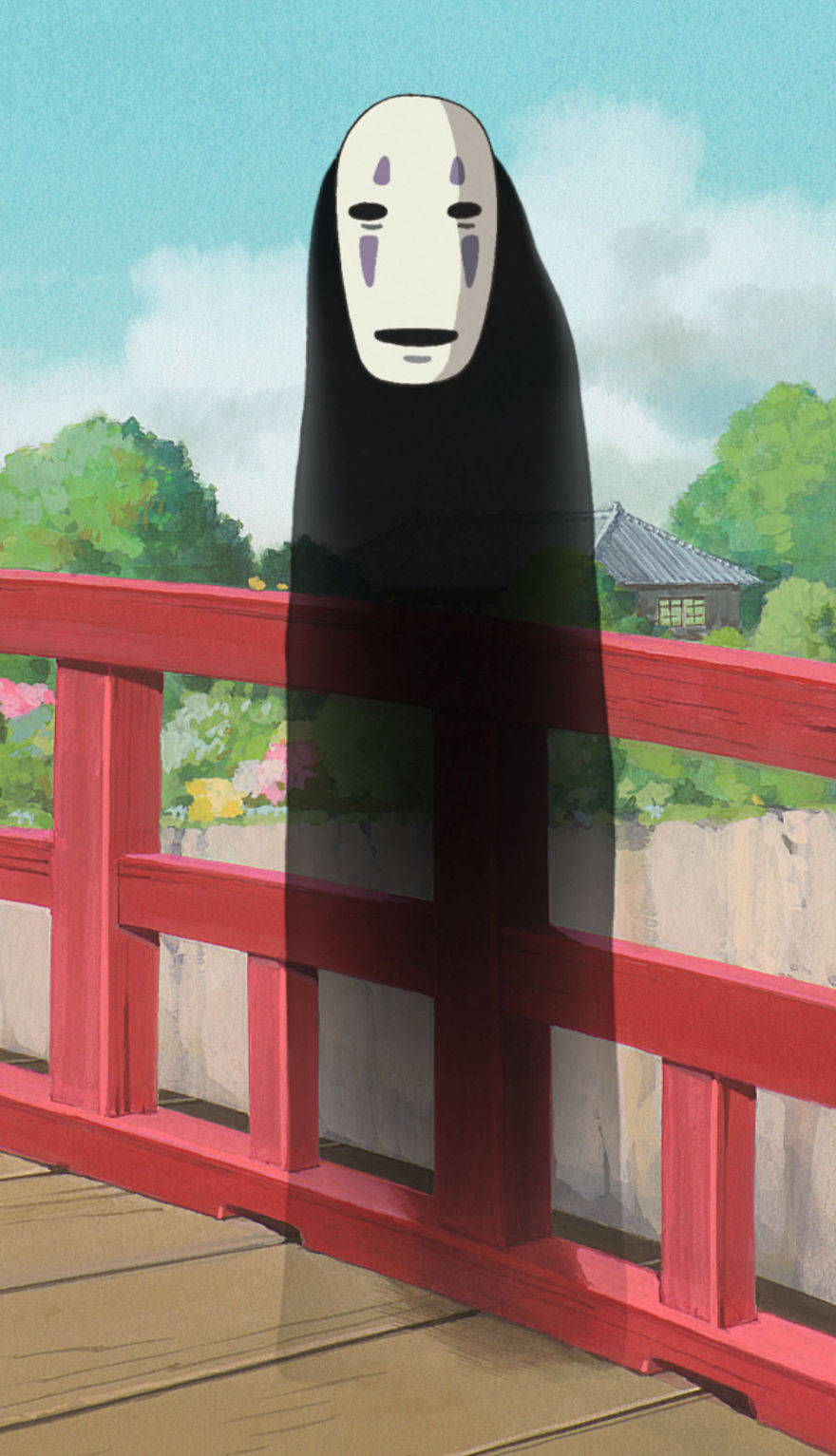 Studio Ghibli character standing on a red bridge with a scenic background.