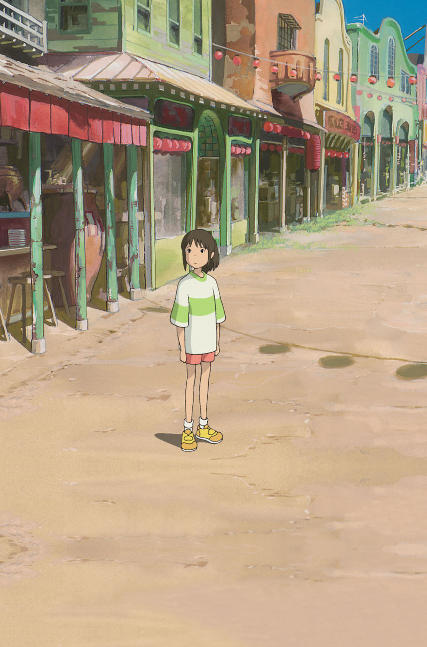 Studio Ghibli character in a colorful street setting, capturing the whimsical art style.