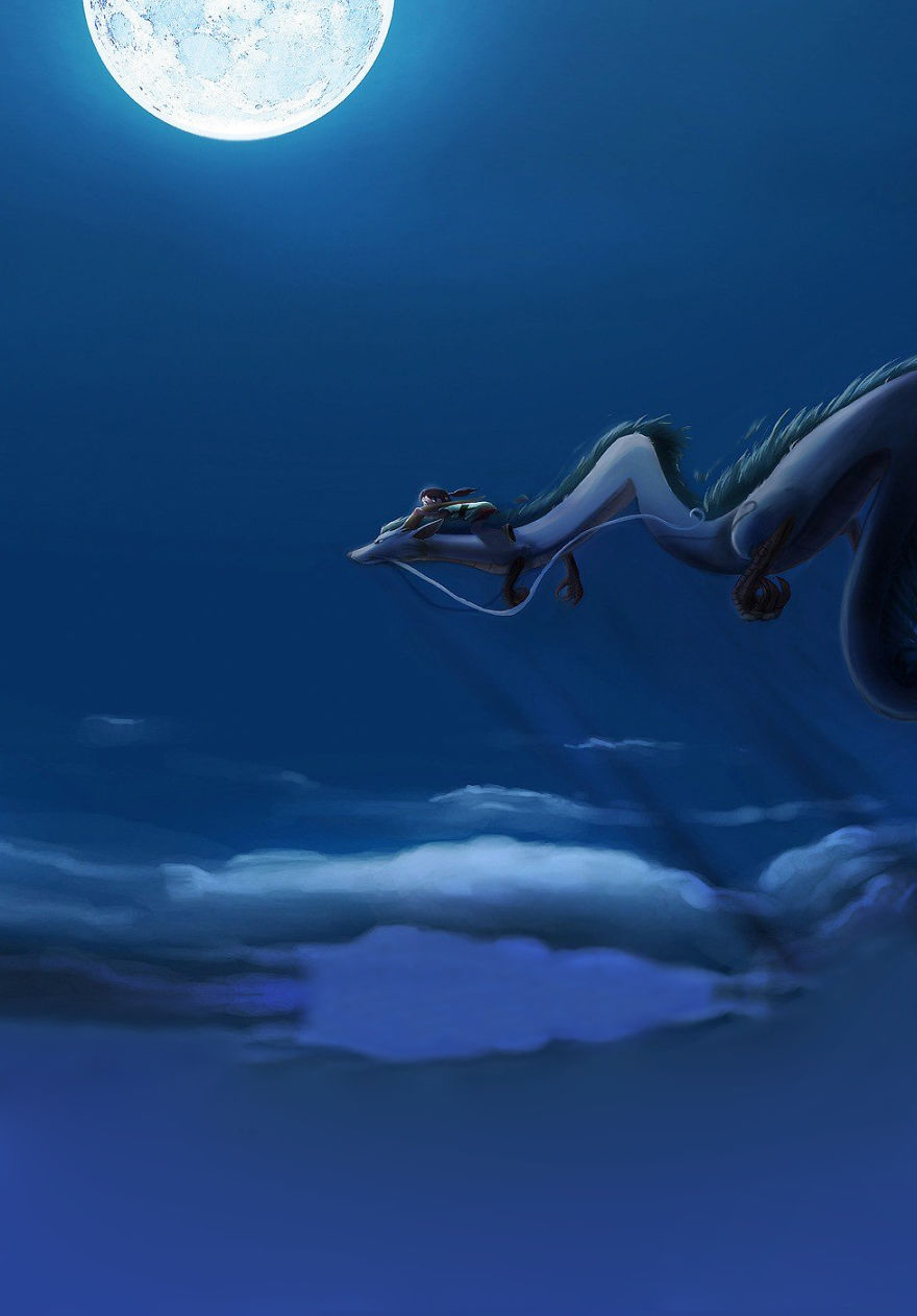 Studio Ghibli dragon flying under a full moon in a serene night sky.