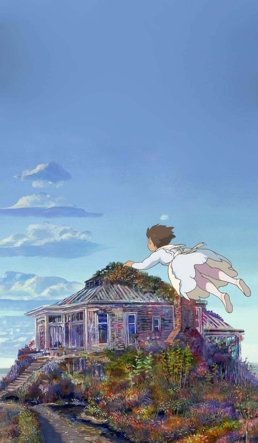 Studio Ghibli character flying over a colorful house with a blue sky backdrop.