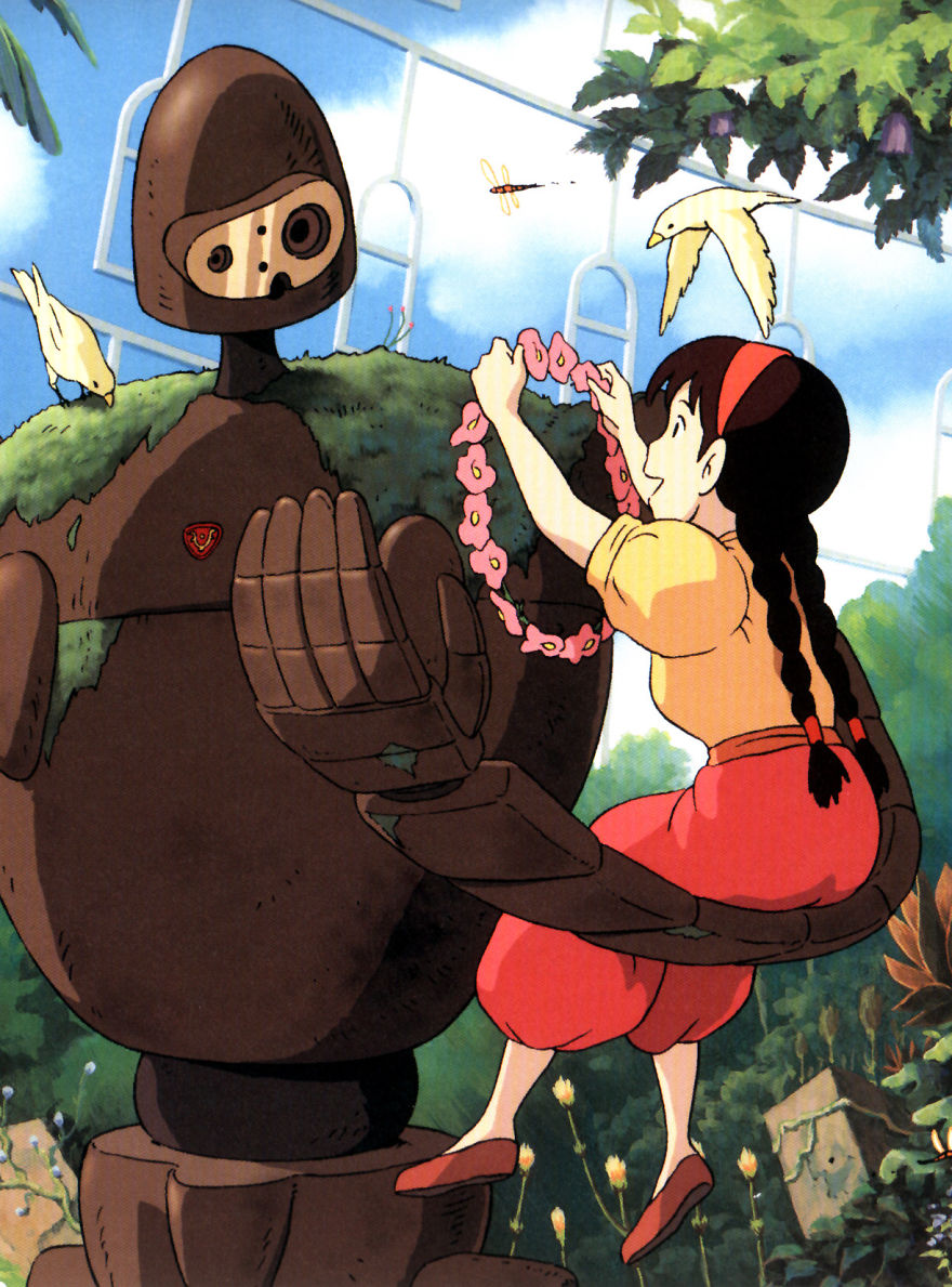 Studio Ghibli character placing flowers on a robot in a lush garden setting.