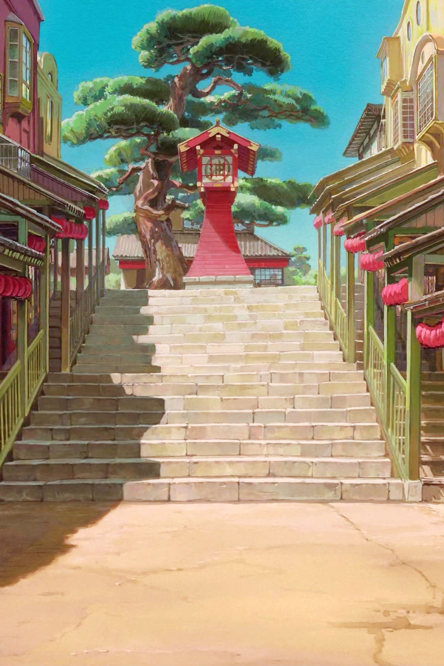 Studio Ghibli inspired wallpaper featuring a scenic view with stone steps and vibrant red accents.