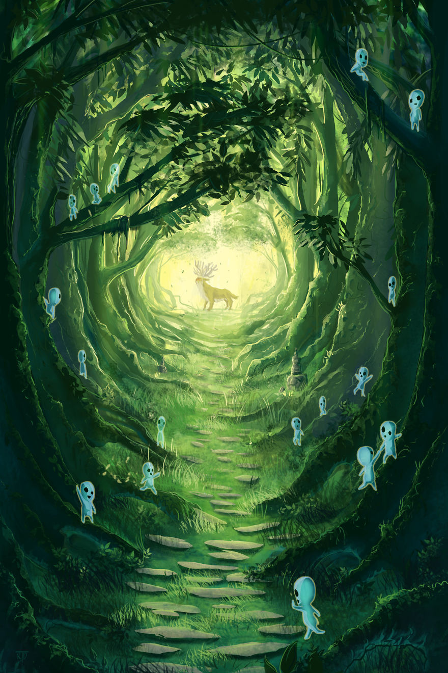 Studio Ghibli wallpaper with forest spirits and a mystical creature in a lush green forest.