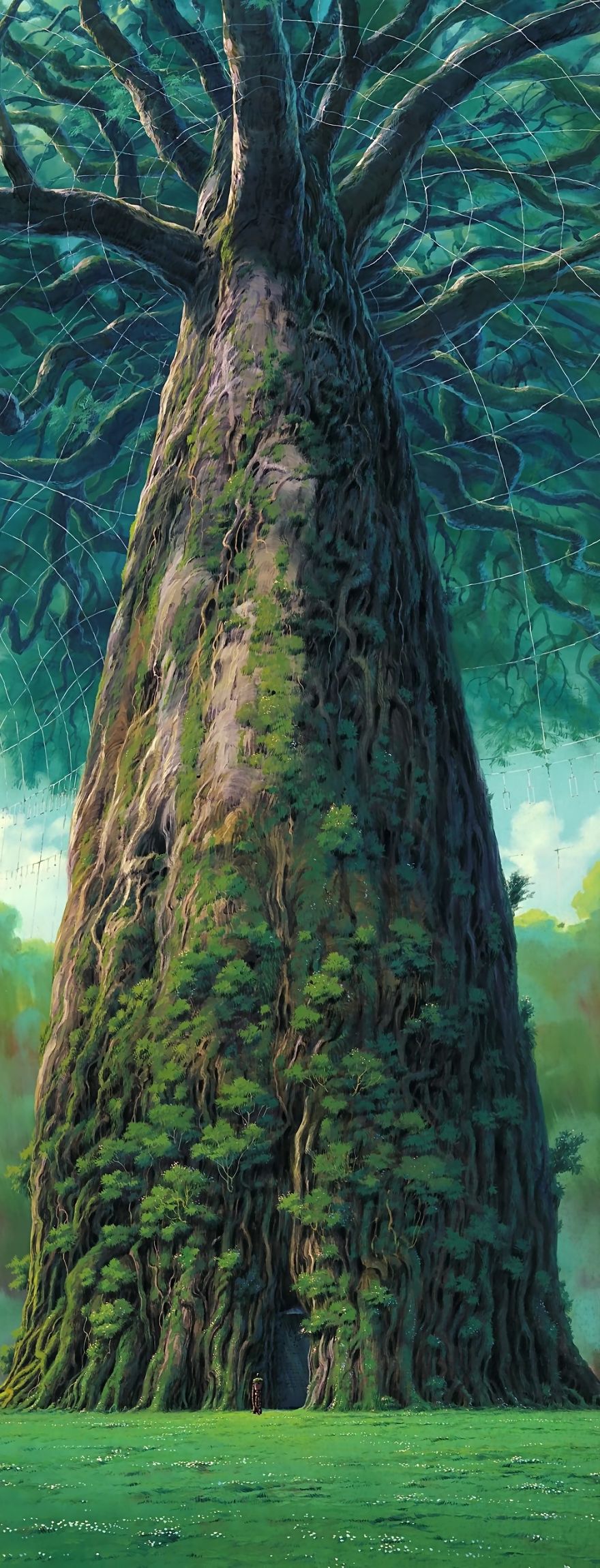 Studio Ghibli wallpaper featuring a massive, detailed tree with lush greenery in a serene forest setting.