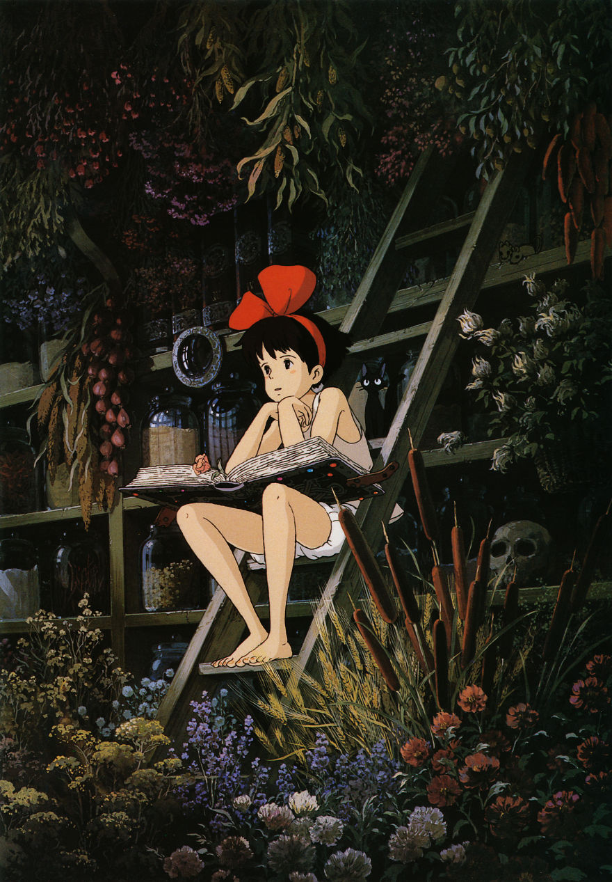 Studio Ghibli character sitting with a book in a lush, colorful garden setting.