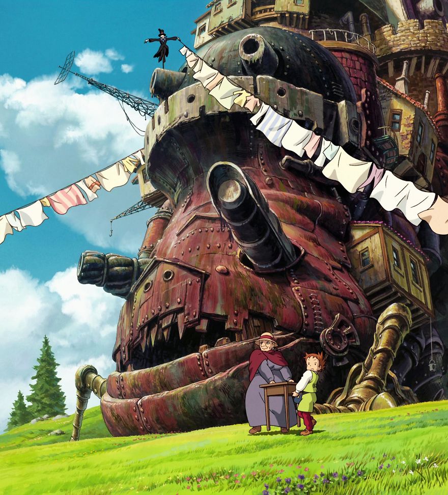 Studio Ghibli wallpaper featuring a fantastical moving castle in a lush landscape.