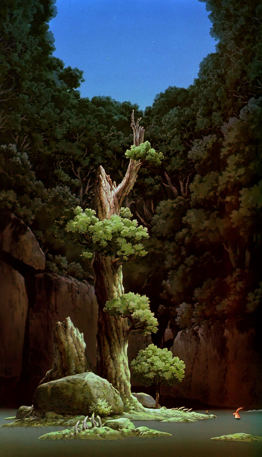 Studio Ghibli wallpaper featuring a lush forest scene with a towering tree and serene water body.