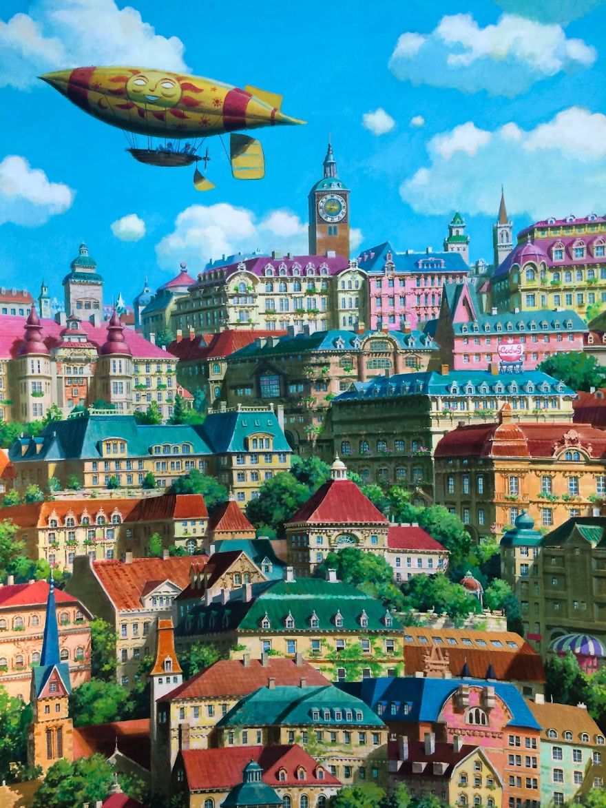 Colorful Studio Ghibli cityscape with airship in the sky, featuring vibrant architecture and lush greenery.