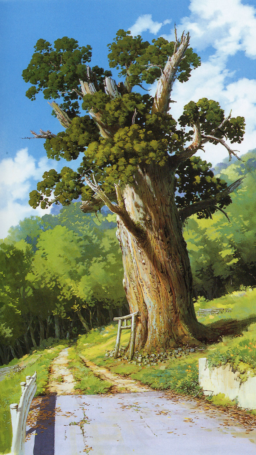 Studio Ghibli tree wallpaper featuring a large, detailed tree against a sunny forest background.