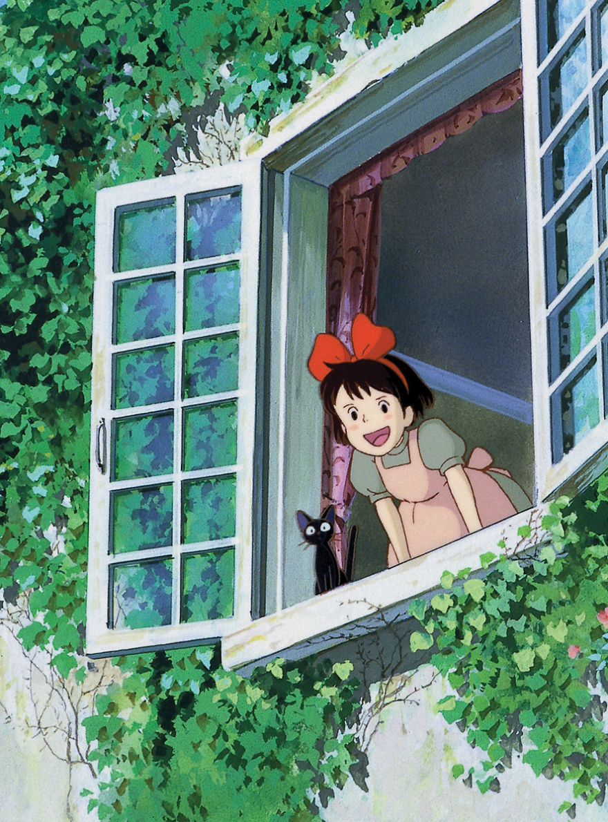 Studio Ghibli character leans out a window with a black cat, surrounded by ivy. Perfect smartphone wallpaper.