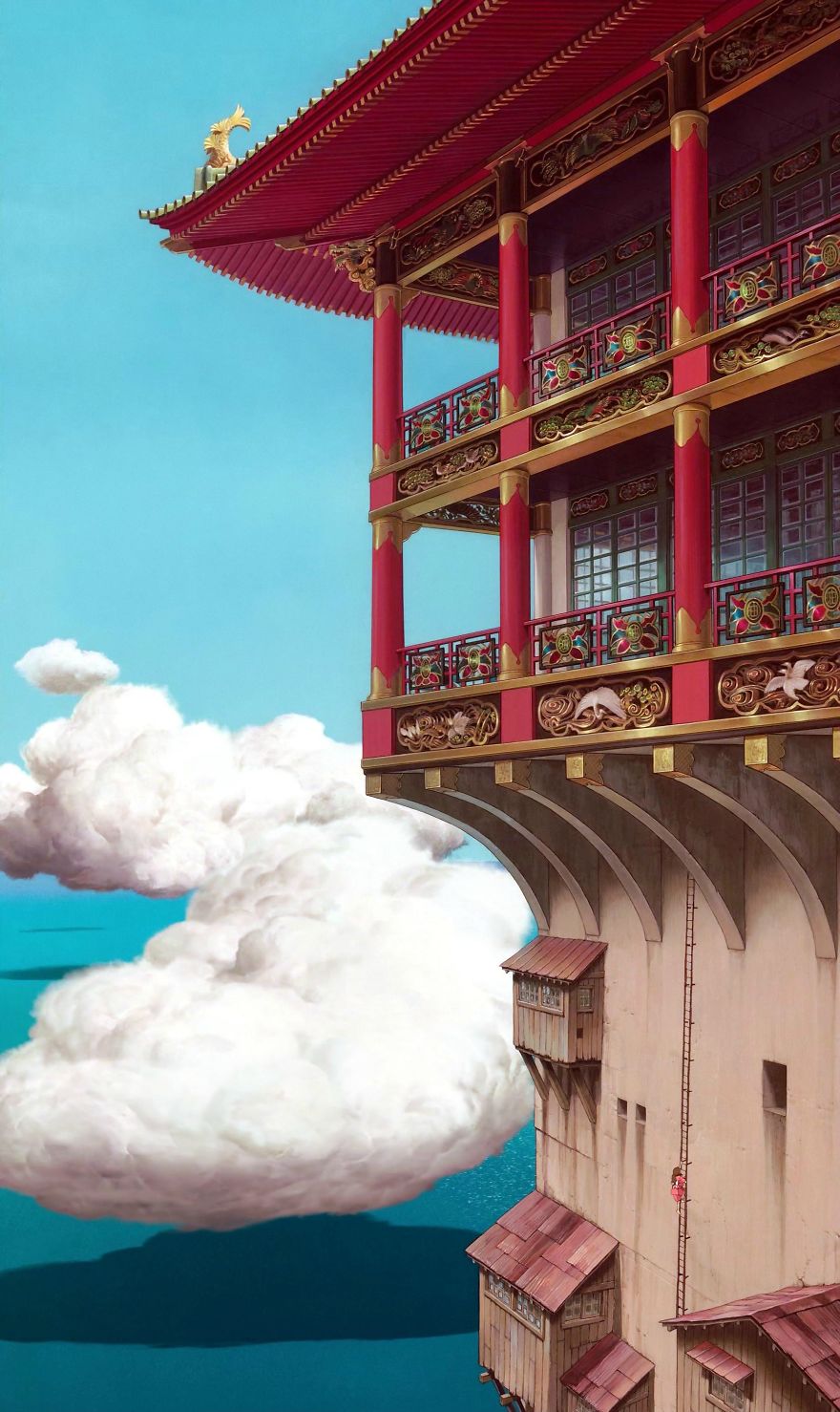 Studio Ghibli-inspired artwork featuring a vibrant red building against a blue sky with fluffy clouds.