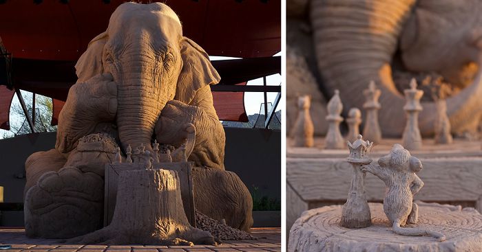 Stunning Sand Sculpture Of A Life-Size Elephant Playing Chess With A Mouse