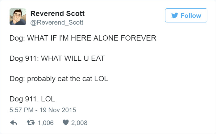Dog's humorous emergency tweet about eating the cat if left alone, capturing a lighthearted scenario.