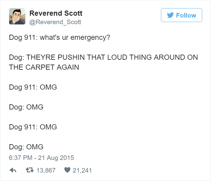 Text meme about dogs' hilarious emergencies, featuring a humorous 911 call about a loud vacuum.
