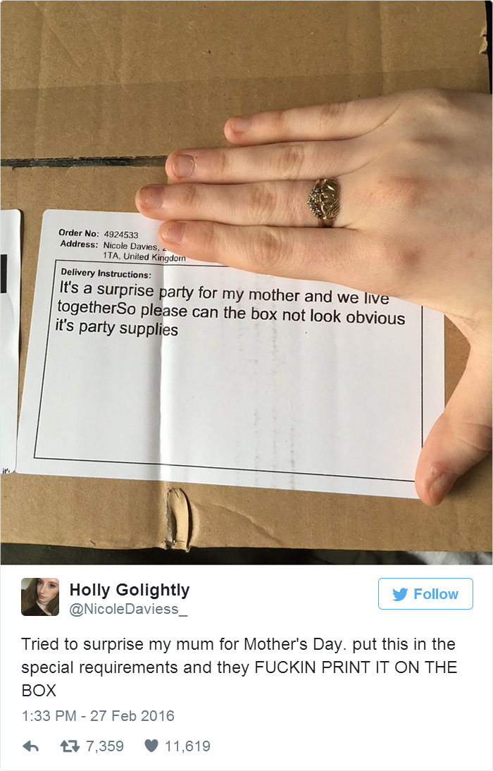 Online purchase regret: Box reveals surprise party details with hand covering delivery label.