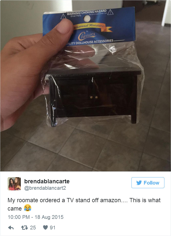 Miniature furniture mistaken for a TV stand, highlighting online purchase regrets.