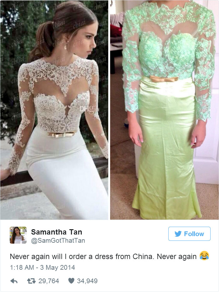 Online purchase regret: expectation vs reality of a lace dress order, highlighting a common shopping disappointment.