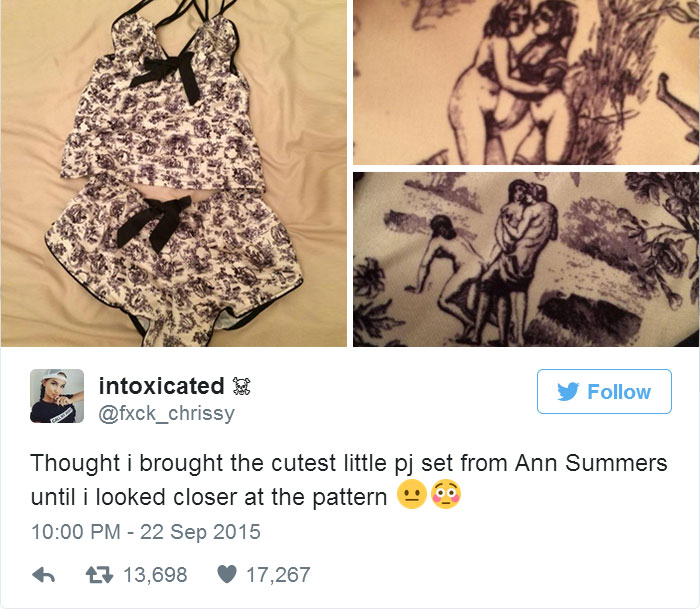 Online purchase regret: a PJ set with unexpected adult-themed pattern detail.