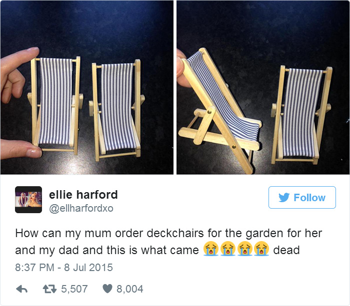 Tiny deckchairs held in hands, showcasing regrettable online purchases.