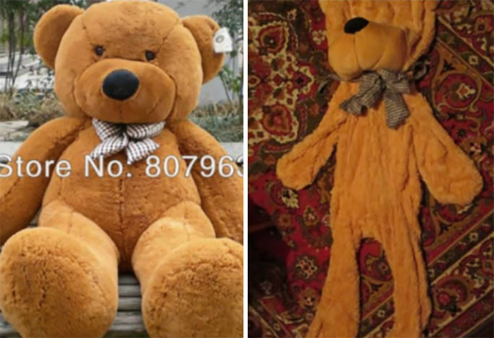 Disappointing online purchase of a teddy bear, showing an expectation versus reality comparison.