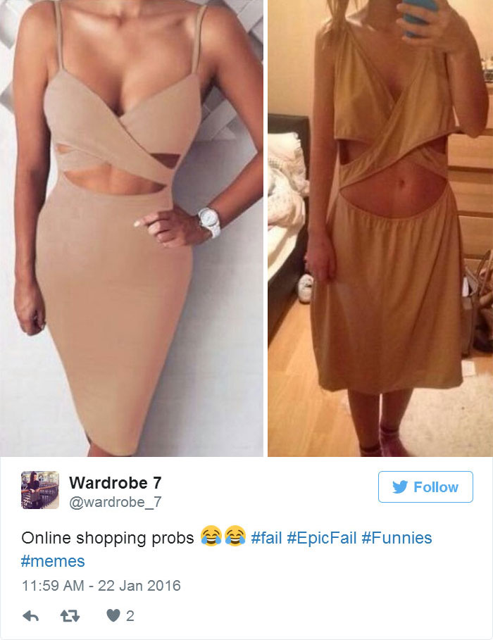 Online purchase regret shown by a comparison of a dress expectation vs reality.