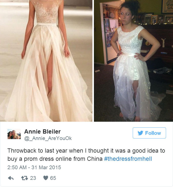Online purchase regret: mismatched prom dress expectations and reality.