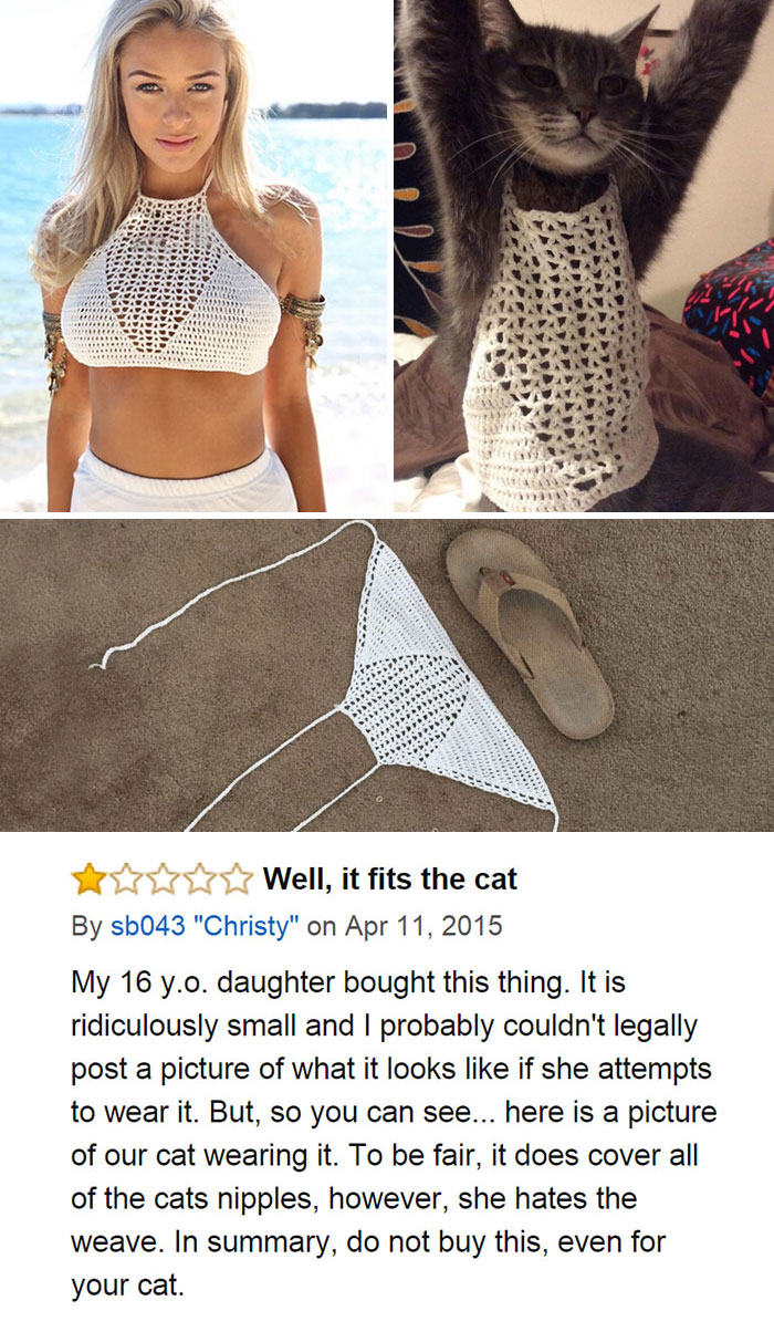 Crochet top purchase regret with cat humorously wearing it, alongside sandals.