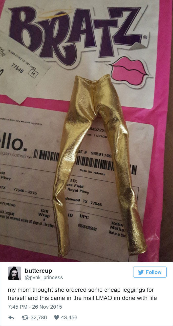 Gold Bratz doll leggings on a delivery package, showcasing an online purchase regret.