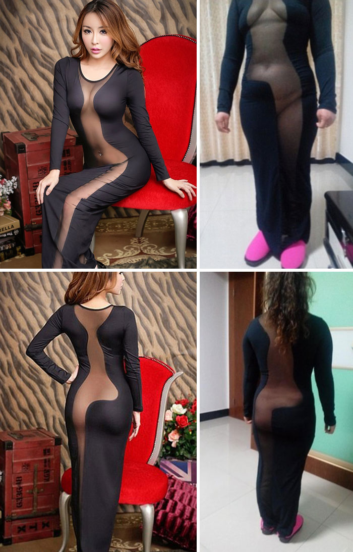 "Online purchase regret: comparison of a sleek black dress on a model versus in real-life fitting."