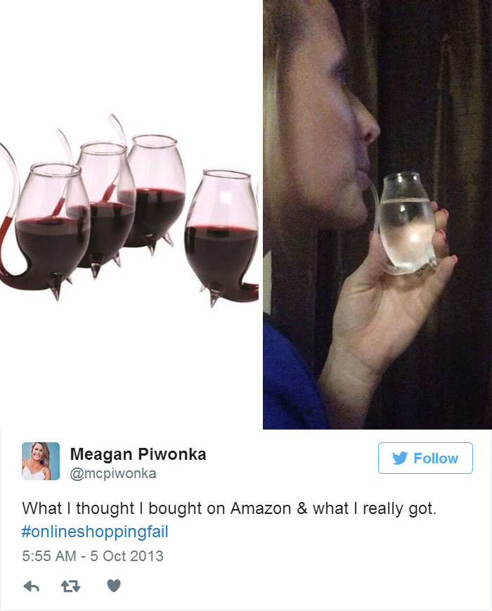Online purchase regret: photo of large wine glasses vs. small plastic one held by a person.