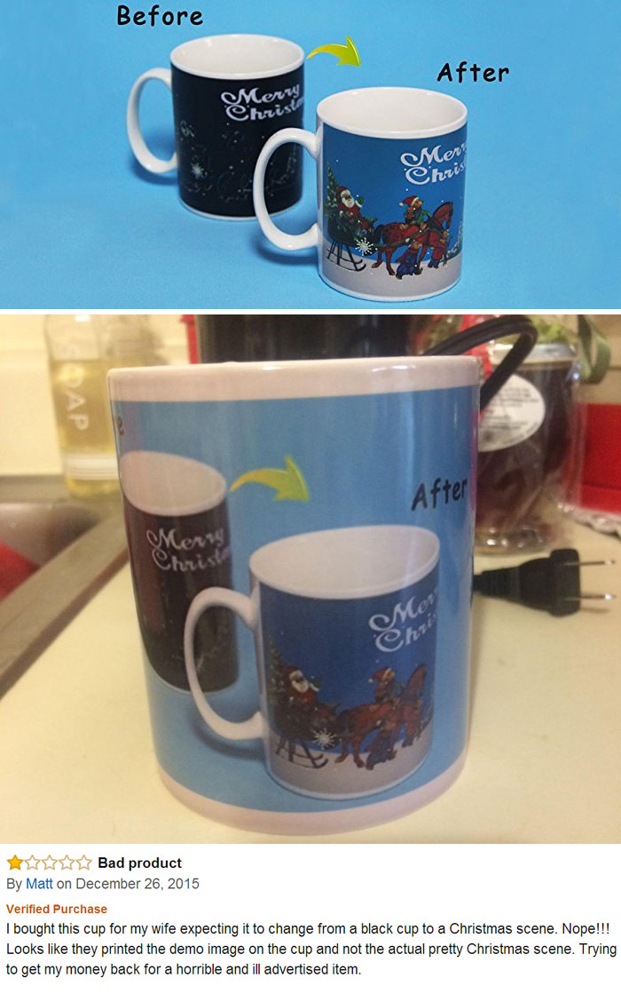 Regrettable online purchase of a color-changing mug with disappointing design difference.