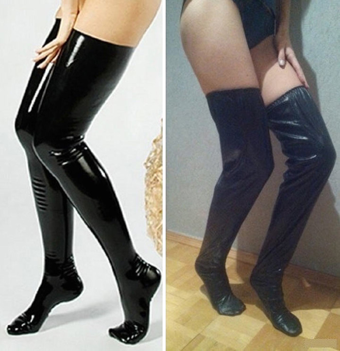 Comparison of shiny black thigh-high boots highlighting regretful online purchase.
