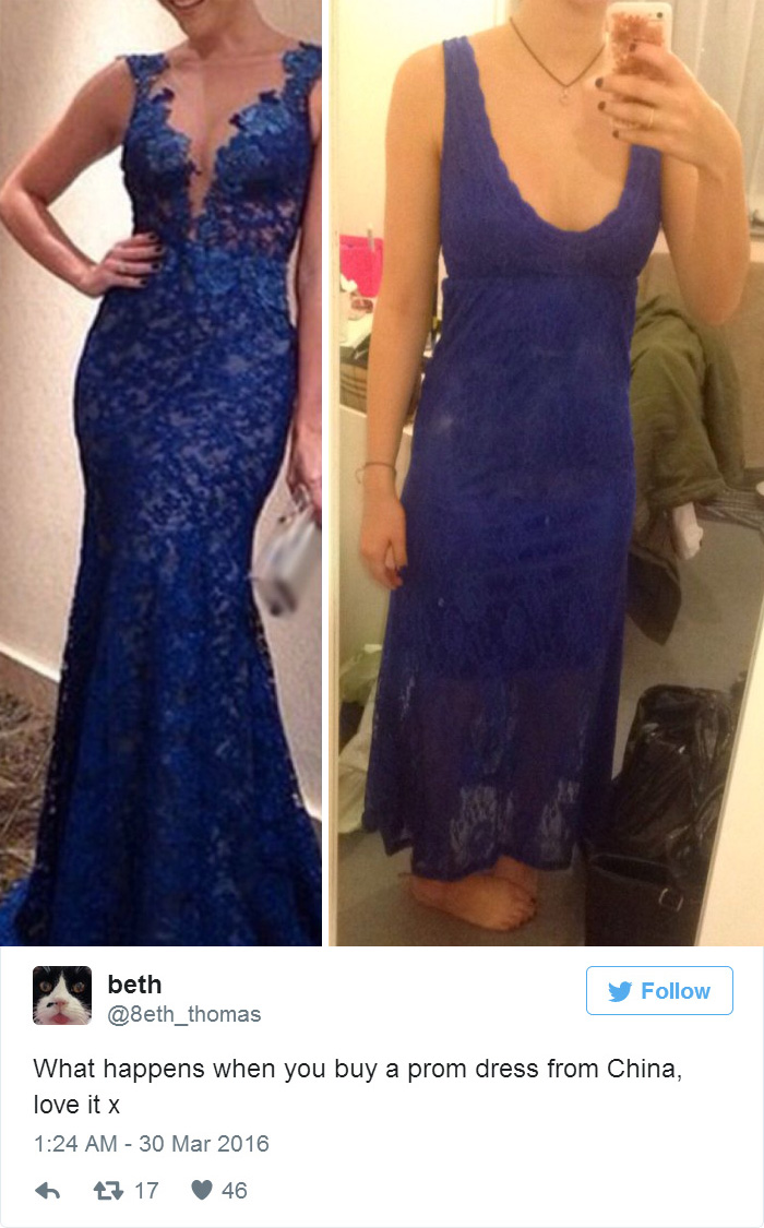 Online purchase regret: A woman shows a disappointing blue dress compared to the advertised product.