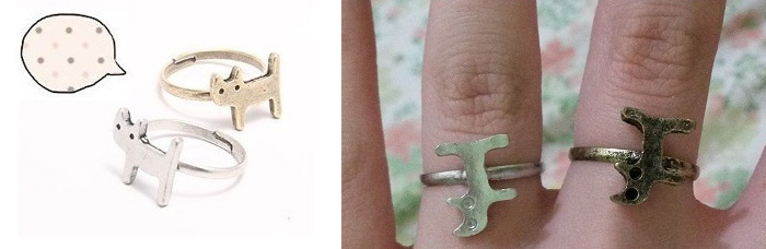 Disappointing online purchase of cat-shaped rings shown in contrasting expectations vs. reality.