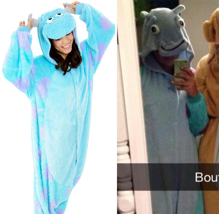 Online purchase regret: Expectation vs. reality of a blue monster onesie.