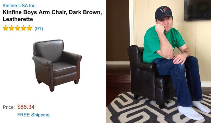 Online purchase regret: man sitting uncomfortably in a small armchair beside its displayed online product image.