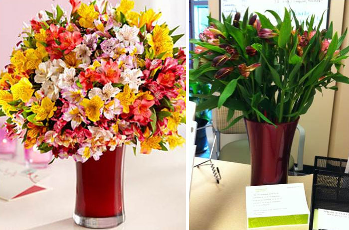 Online purchase regret: vibrant flower bouquet vs. lackluster arrangement in identical red vases.