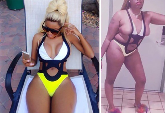 Woman shows regret over online purchase swimsuit in side-by-side comparison.