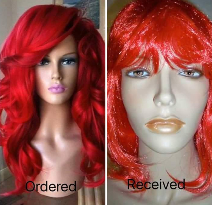 Comparison of a red wig ordered versus received, highlighting regret in online purchases.