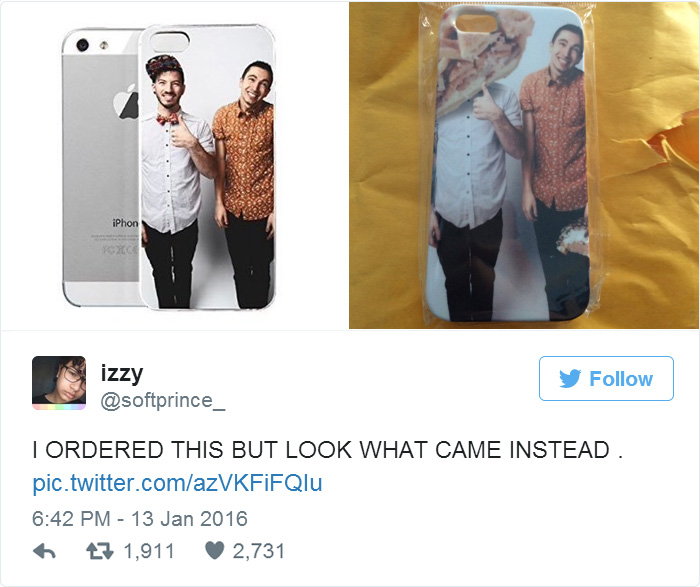 Online purchase regret: phone case with misaligned print showing people.