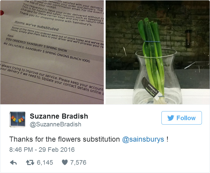 Online purchase regret: flowers substituted with spring onions from Sainsbury’s.