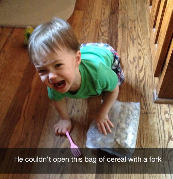 He couldn't open this bag of cereal with a fork