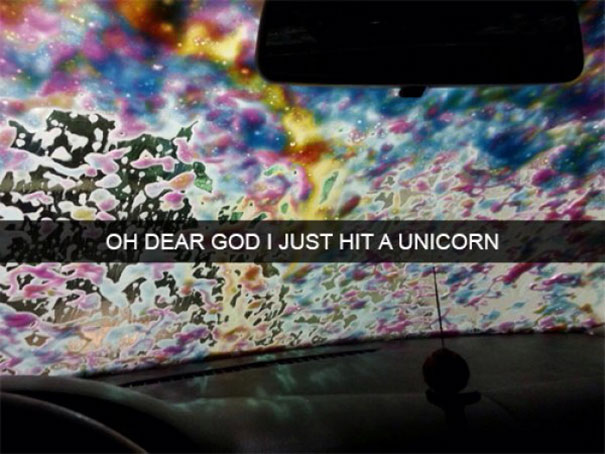 Colorful car wash with a funny Snapchat caption about hitting a unicorn.