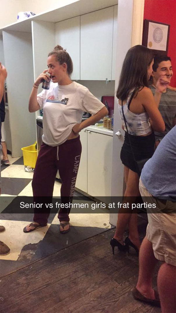 Snapchat showcasing a casual senior and dressed-up freshman at a frat party, highlighting hilarious differences.