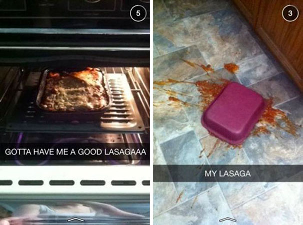 Hilarious Snapchat of lasagna baking and spilled on the floor.